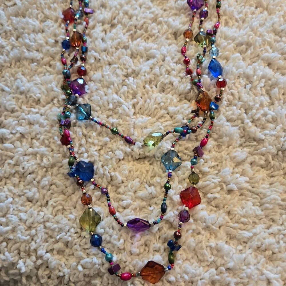NEW 3 strand Multi Color Long Necklace Glass & Seed Bead + Earrings